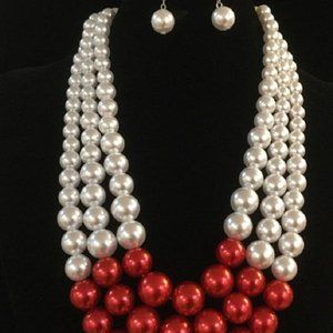 Red and White 3 Layer Graduating Pearl Necklace